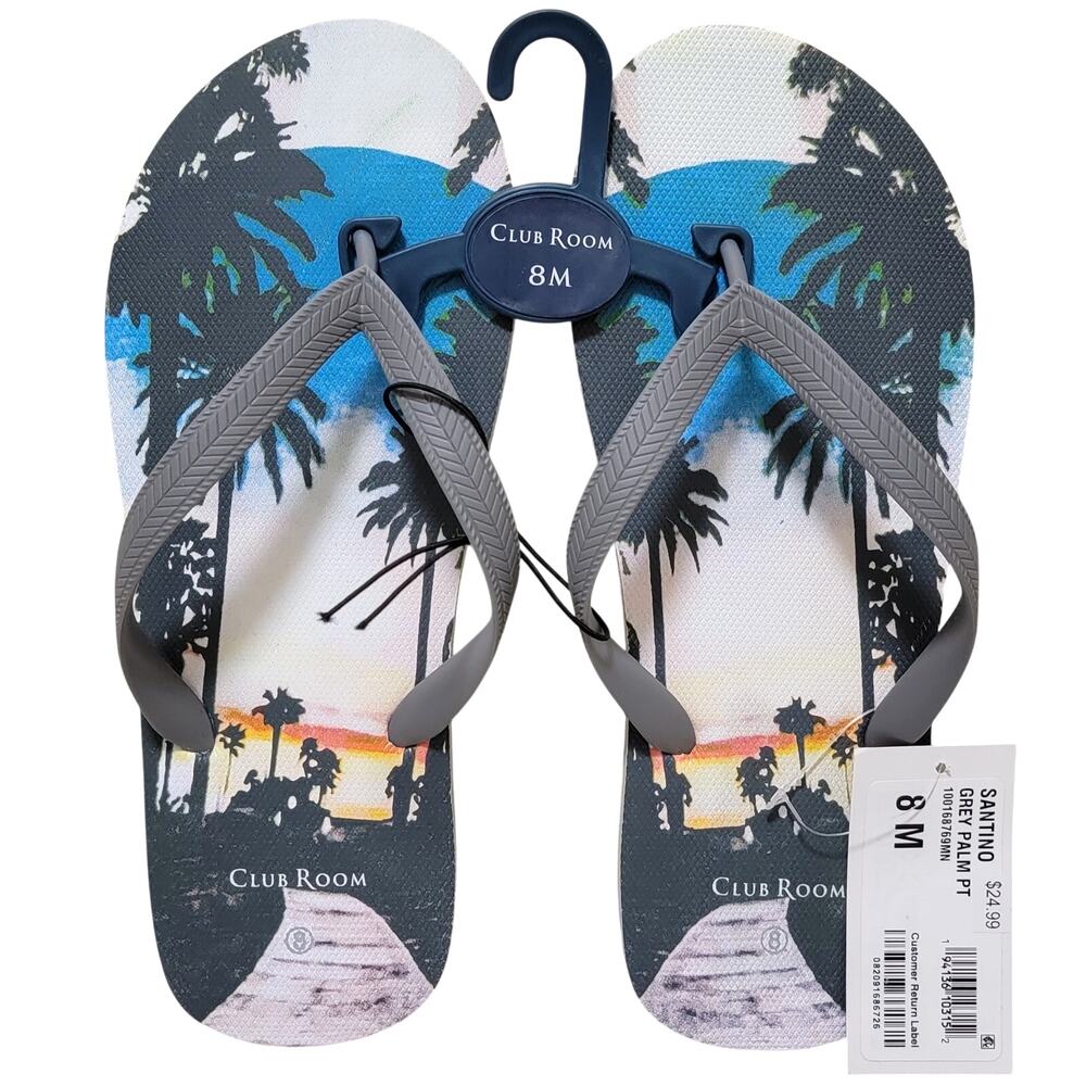 Club Room Men Santino Summer Beach Flip Flop Sandal Size US 8M Grey Palm Trees